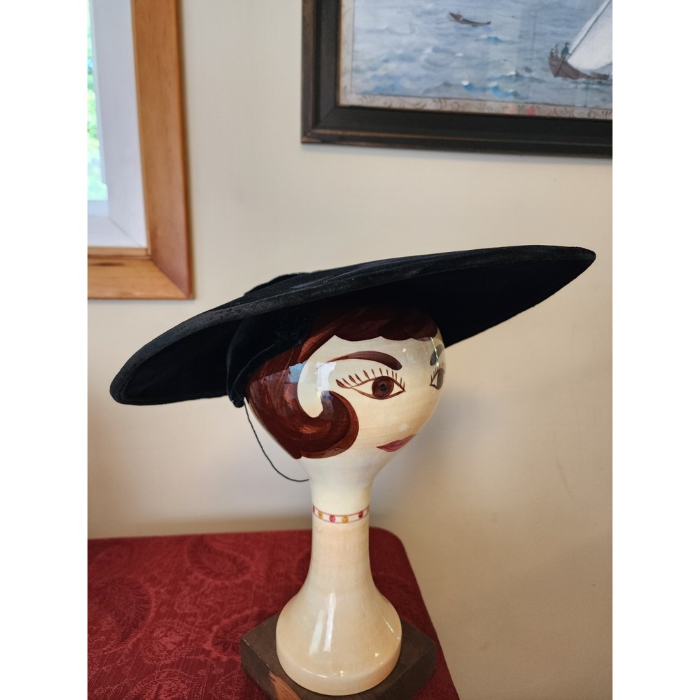 Vintage Velvet Wide Brim Hat 1950s Conical Dramatic Glam Saucer Platter Black